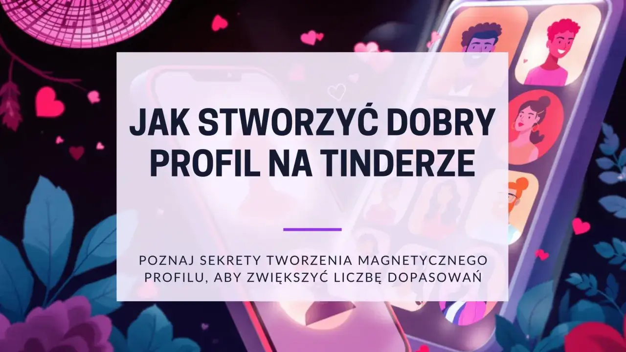 Tinder porady: jak stworzyć dobry profil, by zwiększyć liczbę dopasowań. Grafika przedstawia ekran telefonu z profilami użytkowników.