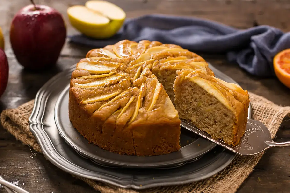 Deliziosa torta di mele vegana, con fette di mela disposte a raggiera sulla superficie dorata. Una fetta &egrave; stata appena tolta, rivelando l'interno soffice.