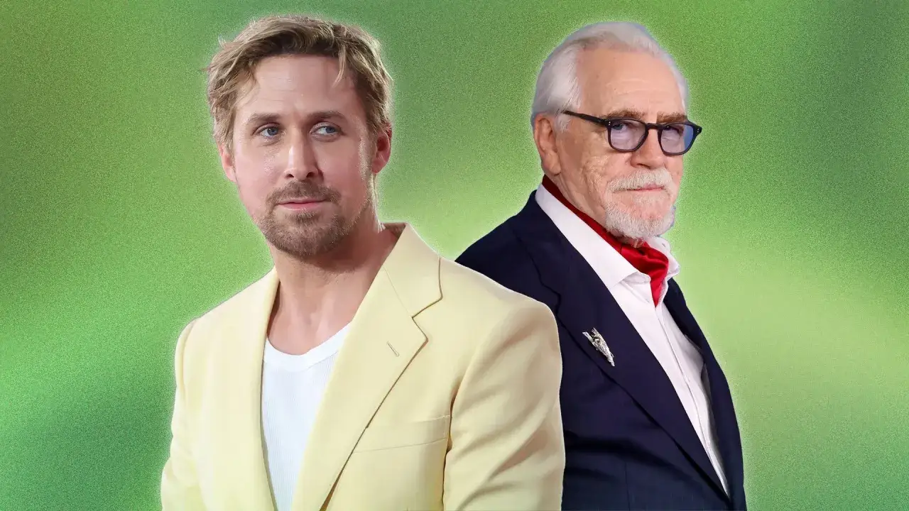 Ryan Gosling in a yellow blazer and Brian Cox in a navy suit with a red ascot, both sporting cocktail attire.