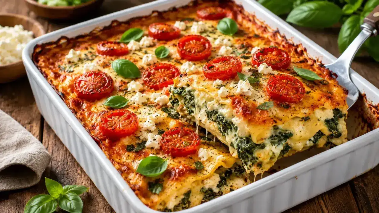 Herzhaftes Spinatlasagne Rezept: Eine Portion wird herausgehoben, belegt mit Kirschtomaten und frischem Basilikum.