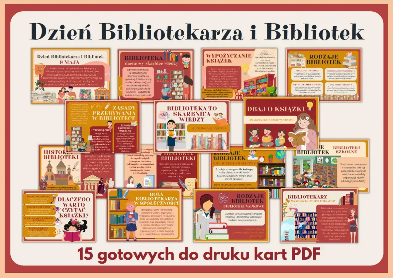 Dzień Bibliotekarza i Bibliotek: skarbnica wiedzy, wypożyczalnia książek, dbanie o książki i rola bibliotekarza.