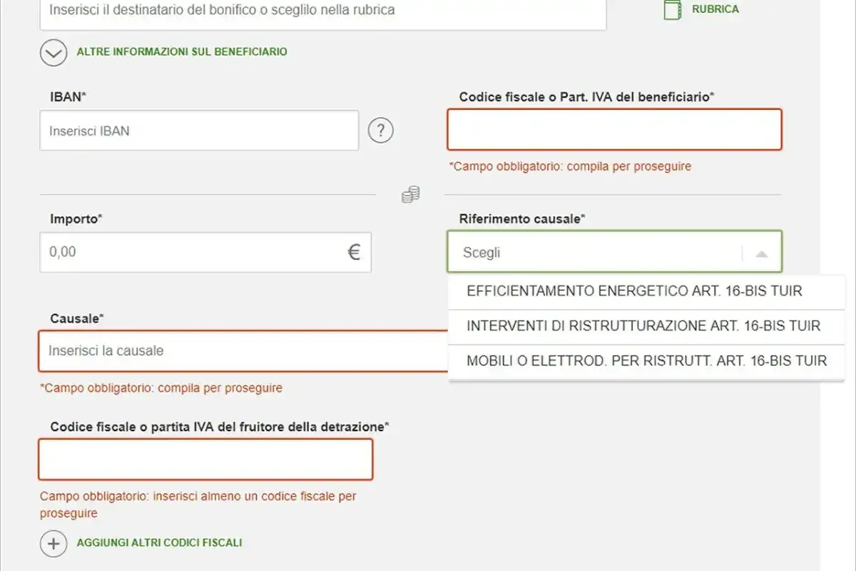 Bonifico per sostituzione caldaia, causale detrazione 50% per efficientamento energetico.