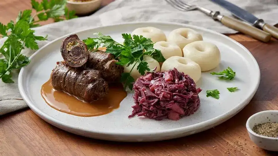 rolada śląska z kluskami i modrą kapustą