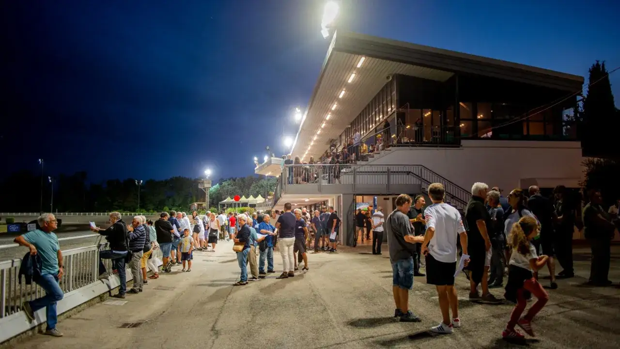 Serata animata all'ippodromo Montegiorgio, con spettatori che attendono l'inizio delle corse sotto le luci artificiali.