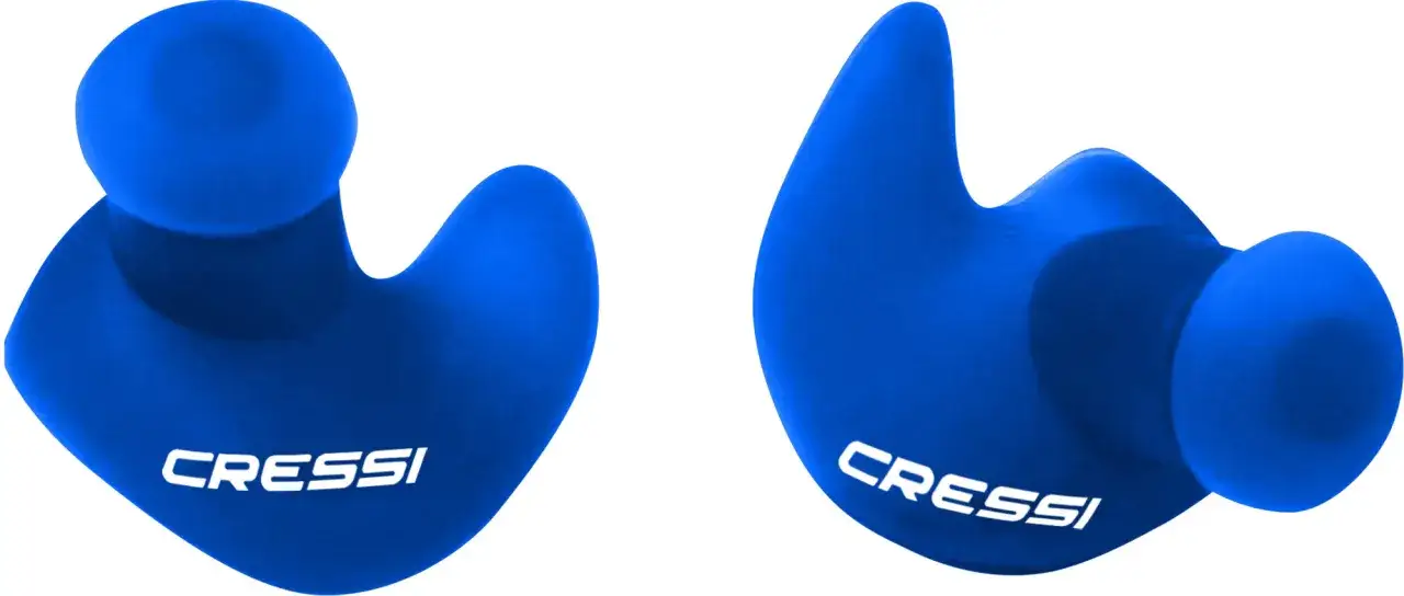 Niebieskie zatyczki do uszu Cressi, które pomogą uniknąć bólu ucha po basenie.