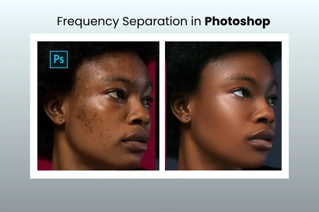Przed i po retuszu twarzy z niedoskonałościami. Po lewej widać pryszcze, po prawej gładką skórę dzięki technice Frequency Separation w Photoshopie.