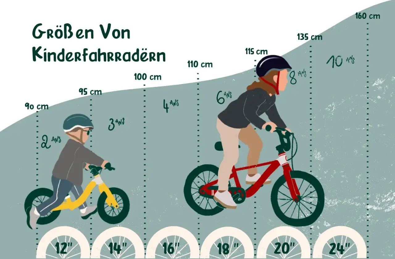 Gr&ouml;&szlig;en von Kinderfahrr&auml;dern: Ein 4-j&auml;hriges Kind f&auml;hrt ein 16-Zoll-Rad. Die Grafik zeigt Gr&ouml;&szlig;en von 12 bis 24 Zoll.