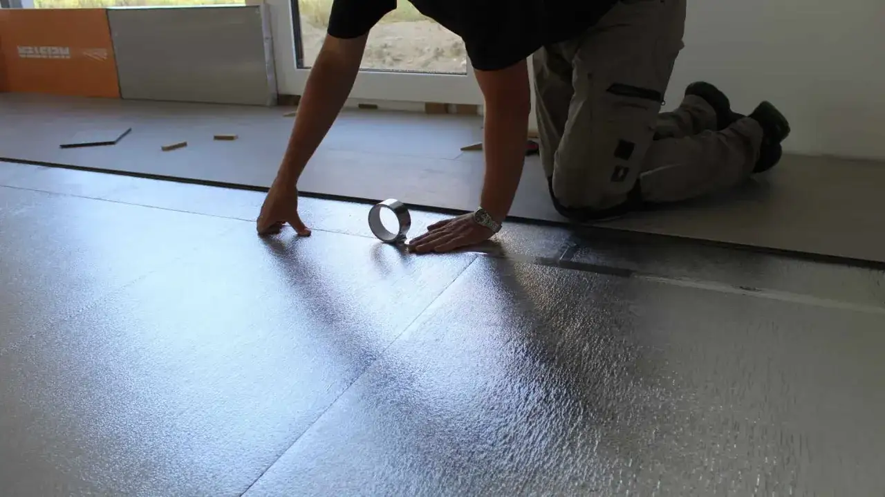 Hombre colocando aislamiento y cinta para poner suelo laminado.