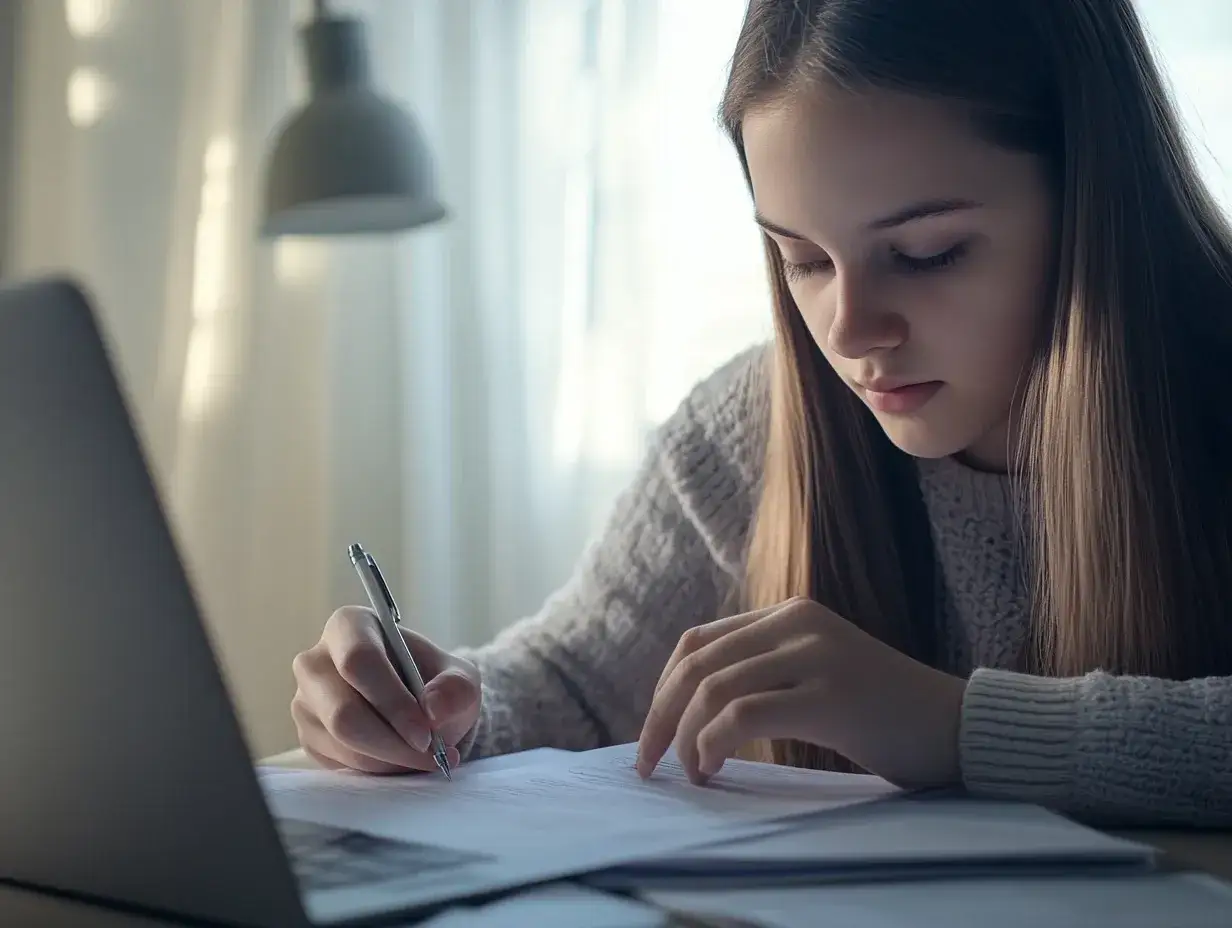 Dziewczyna pochylona nad dokumentami, pisząca długopisem. W tle laptop i lampka. Skupiona na nauce, realizuje swój cel zawodowy.