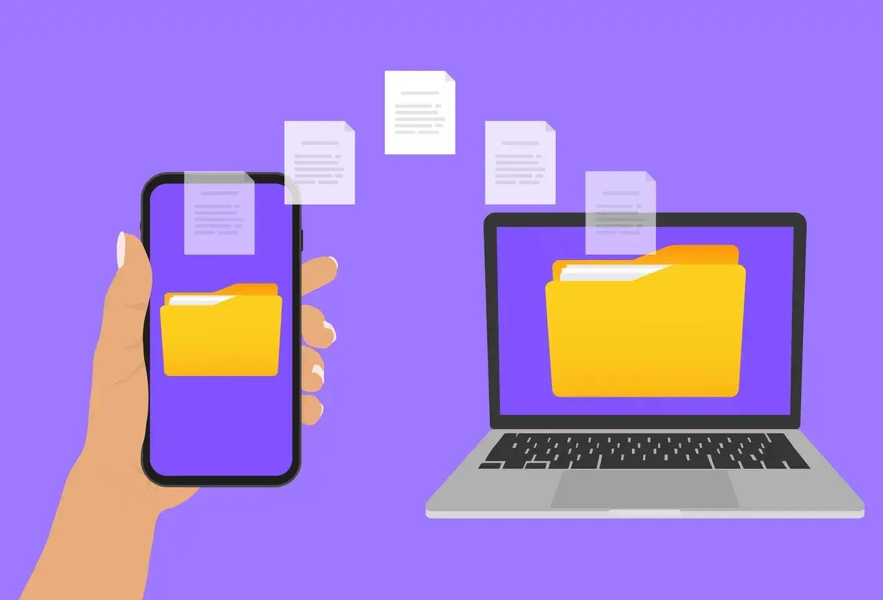 Ilustracja pokazuje, jak przesłać zdjęcia z telefonu na telefon, przenosząc pliki między urządzeniami.
