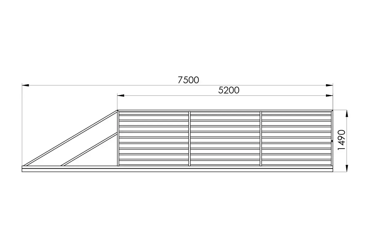 Schemat przeciwwagi do bramy 5m. Długość całkowita 7500mm, wysokość 1490mm.