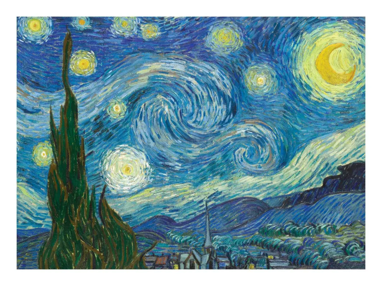 Le tableau La Nuit Étoilée de Van Gogh, avec son cyprès sombre et ses tourbillons célestes lumineux, capture une nuit vibrante au-dessus d'un village paisible.