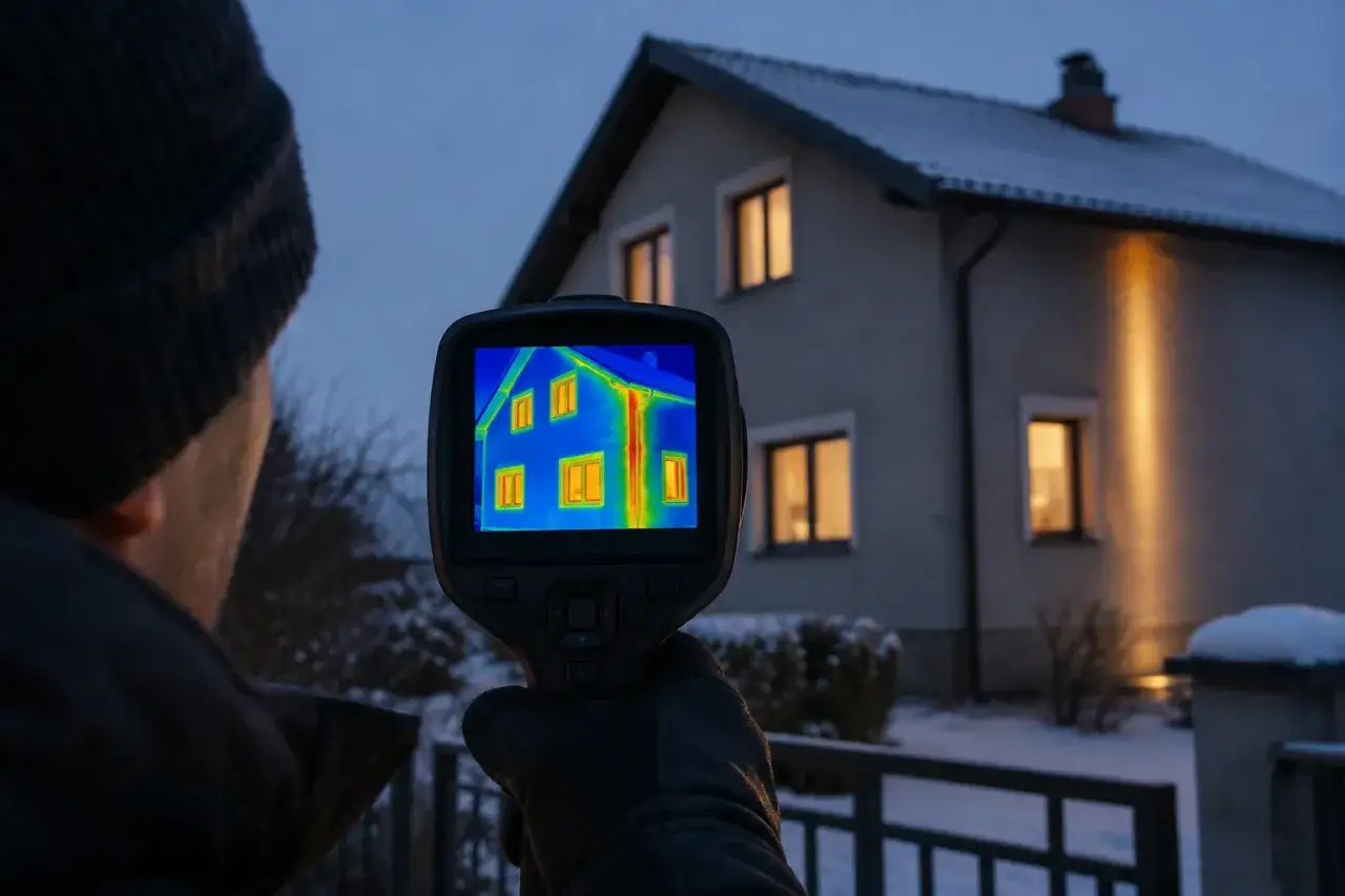Termowizja pokazuje dom podczas audytu energetycznego. Widoczne są miejsca ucieczki ciepła.