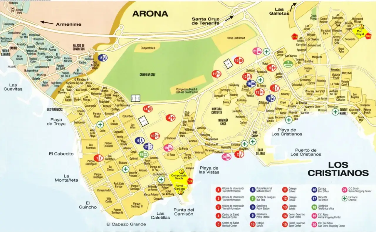 Mapa Teneryfy: Arona, Los Cristianos, Playa de las Vistas. Znajdź najlepsze miejsca na wakacje.