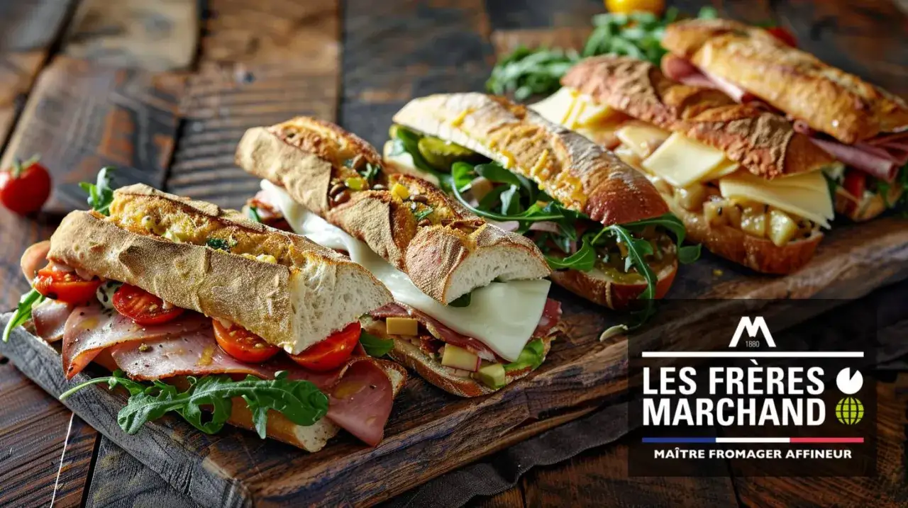Trois sandwichs froids appétissants, garniture généreuse, sur un plateau en bois rustique.