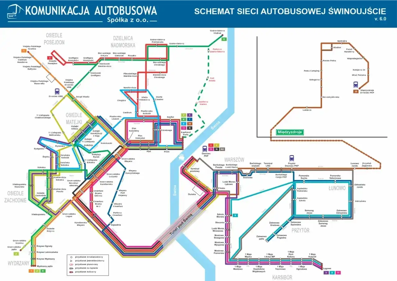 Mapa komunikacji autobusowej Świnoujścia, pomocna jak aplikacja Jakdojade, pokazuje trasy i przystanki.