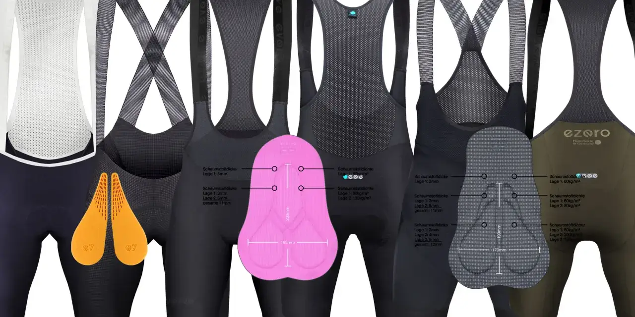 Verschiedene Radhosen-Modelle mit detaillierten Einblicken in Polsterung und Material. Welche Hose zum Radfahren passt am besten?