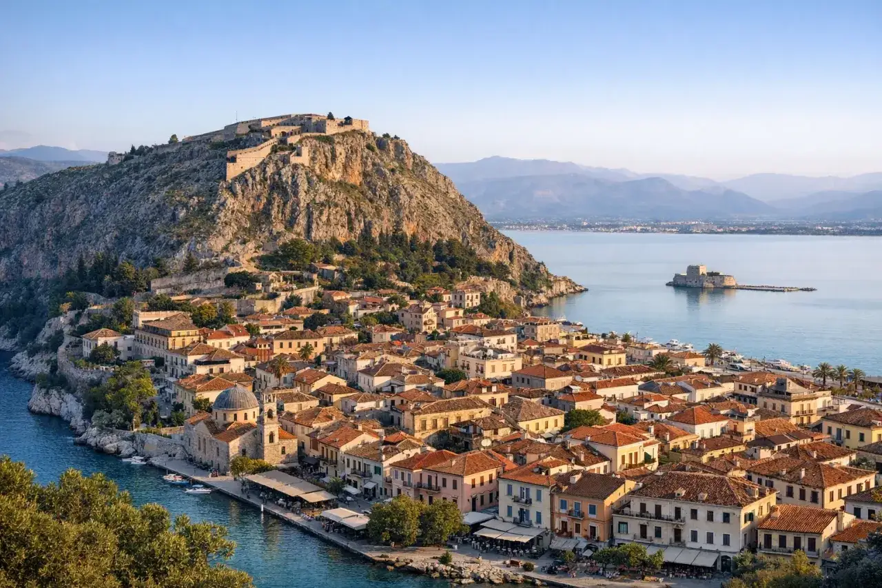 Malownicze Nafplio w Grecji: miasto z twierdzą na wzg&oacute;rzu i zamkiem na wysepce, otoczone błękitnym morzem.