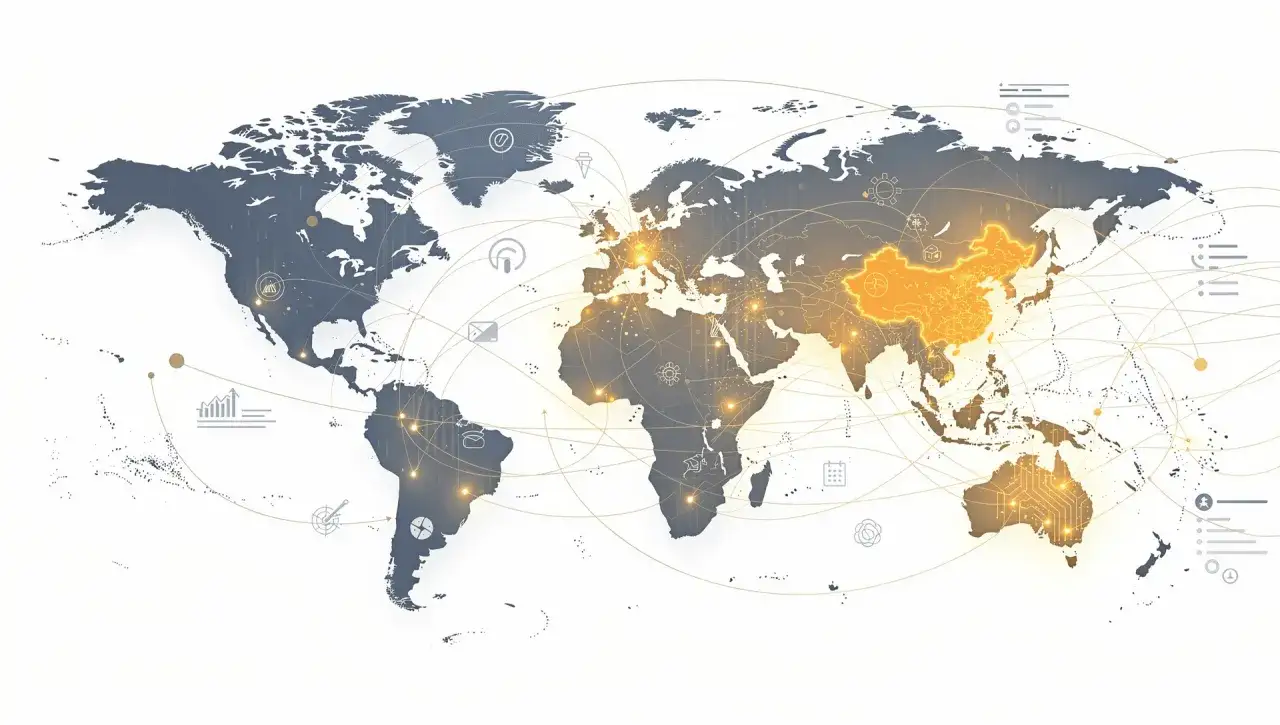 Weltkarte mit leuchtendem China und Australien, verbunden durch Linien, die den xtrackers MSCI Emerging Markets UCITS ETF 1C repräsentieren.