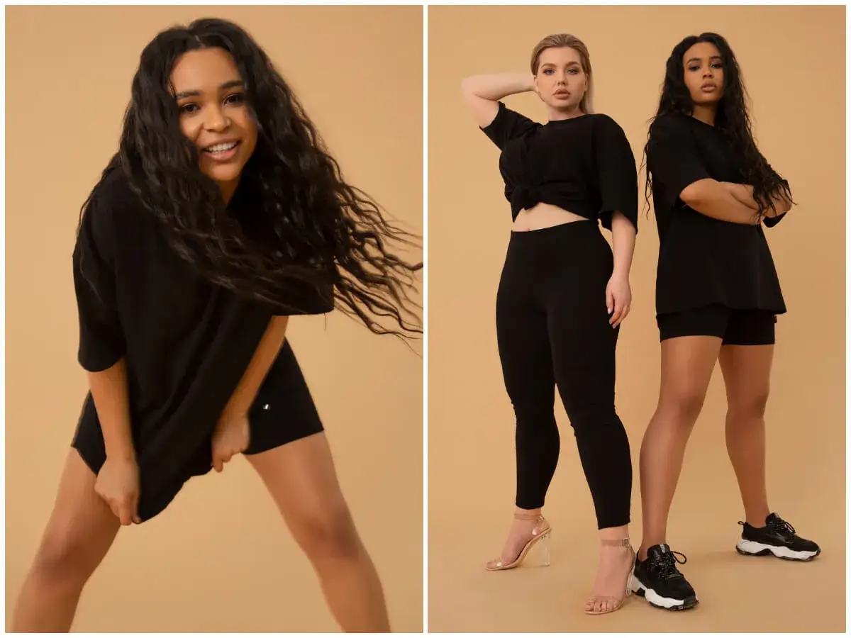Dwie kobiety w czarnych, luźnych T-shirtach i dopasowanych legginsach lub szortach. Stylowe kolarki damskie plus size.