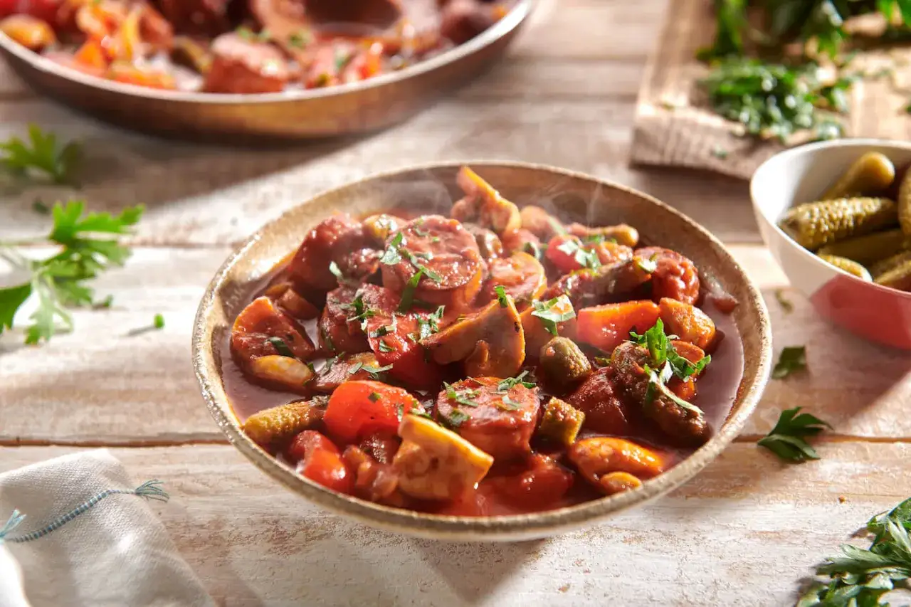 Gorąca nduja co to? Pikantna, duszona kiełbasa z pomidorami i ziołami, podana w misce, obok ogórków.