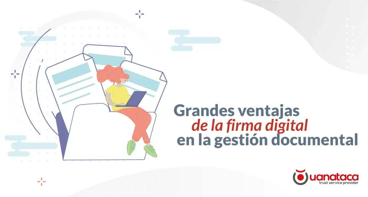 Ilustraci&oacute;n de una persona usando una laptop rodeada de documentos, destacando las ventajas de la firma digital en la gesti&oacute;n documental.