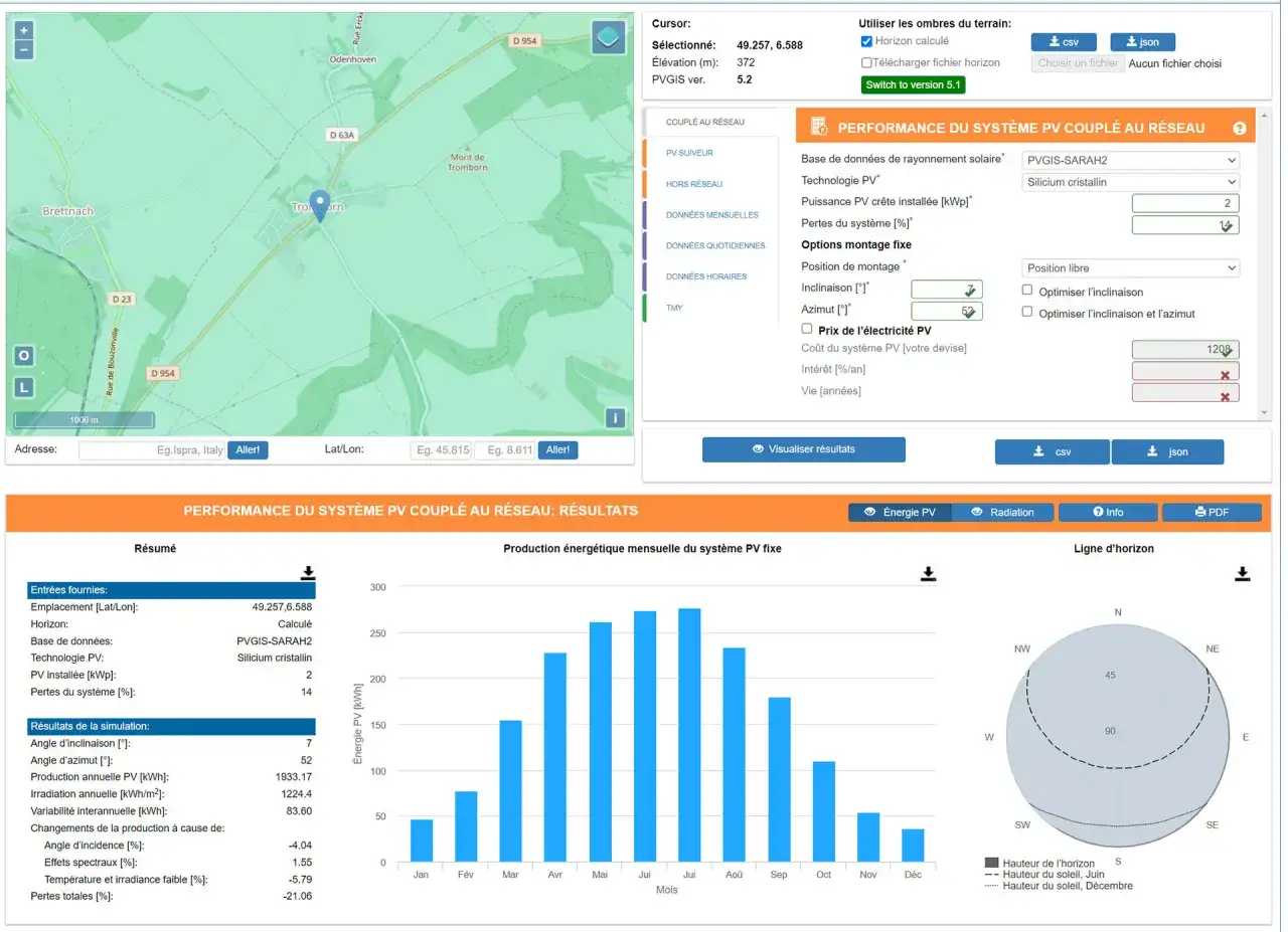 Simulation de calcul ensoleillement toiture pour un système PV. Les résultats montrent la production annuelle et mensuelle.