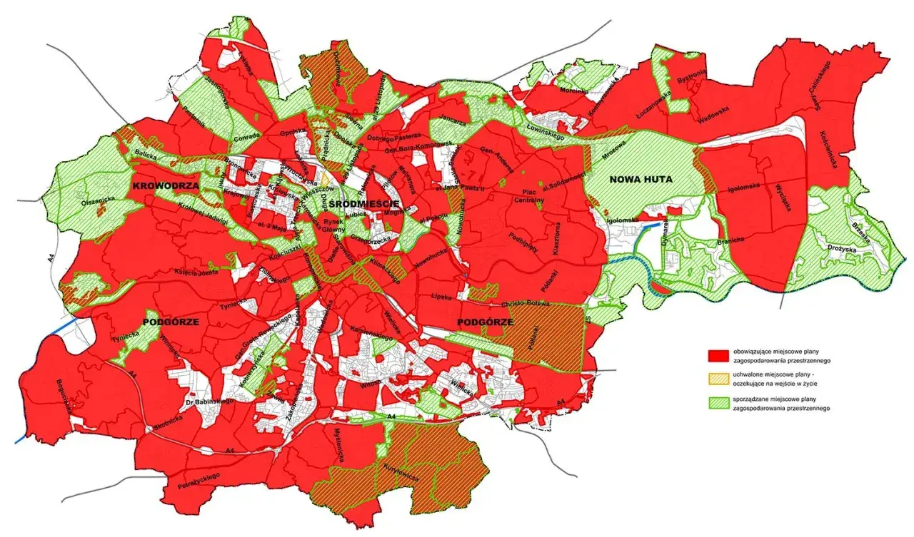 Plan zagospodarowania przestrzennego Krakowa: czerwone obszary to obowiązujące miejscowe plany, zielone to sporządzane, a ż&oacute;łte oczekujące na wejście w życie.