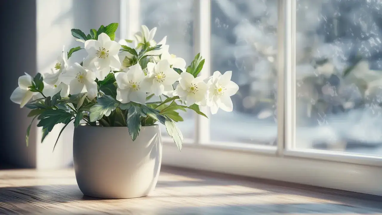 Un bouquet de rose de noël intérieur illumine le rebord de fenêtre, apportant une touche de fraîcheur hivernale à l'intérieur.