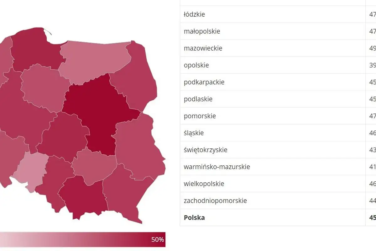 Mapa Polski z zaznaczonymi województwami i liczbami, pokazująca ile jest kin w Polsce.