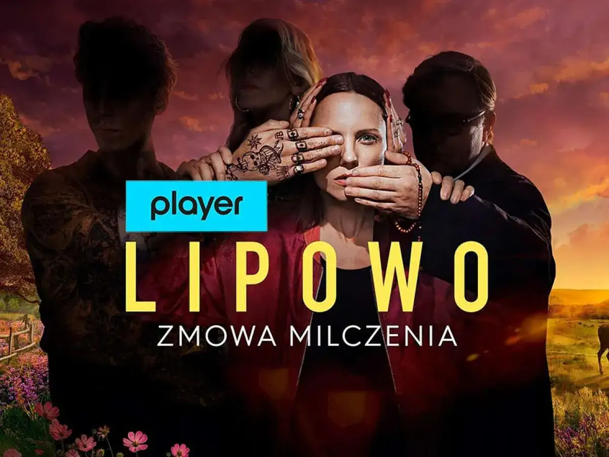 Cztery osoby otaczają kobietę, zasłaniając jej oczy i usta. Napis