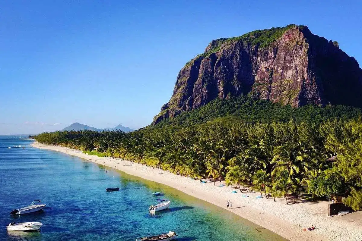 Traumhafter Mauritius Strand mit türkisblauem Wasser, Palmen und dem imposanten Le Morne Brabant Berg im Hintergrund.