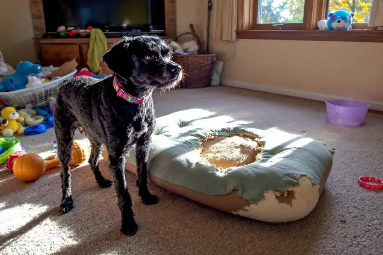 Petit chien noir pr&egrave;s d'un panier d&eacute;truit, peut-&ecirc;tre une astuce pour emp&ecirc;cher un chien d'aboyer. Jouets &eacute;parpill&eacute;s.
