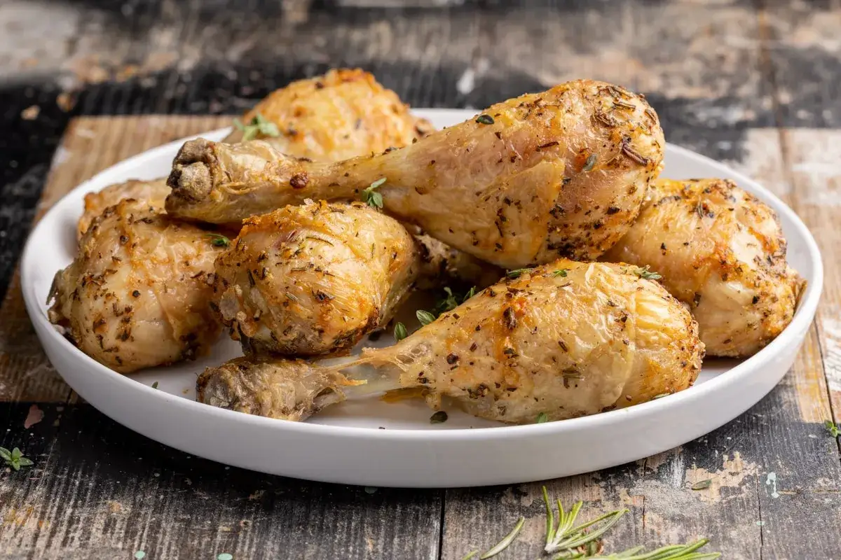 Pollo in friggitrice ad aria, dorato e speziato, servito su un piatto bianco.