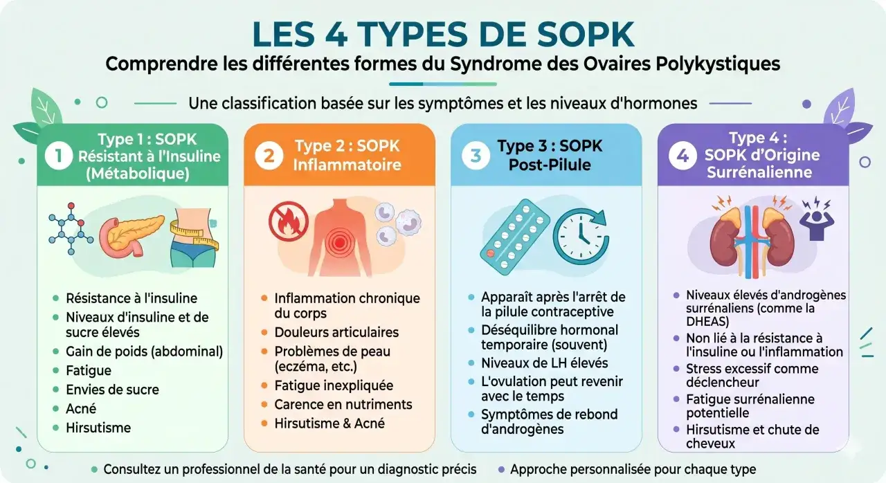 Les 4 types de SOPK : m&eacute;tabolique, inflammatoire, post-pilule, surr&eacute;nalien. Chaque forme de SOPK a des sympt&ocirc;mes et un traitement sp&eacute;cifique.