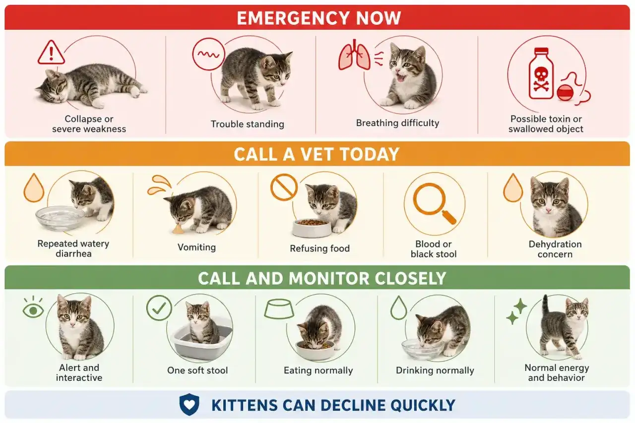 Kattunge med vattnig diarr&eacute;, kr&auml;kningar eller blod i avf&ouml;ringen kan vara tecken p&aring; allvarlig sjukdom. Kontakta veterin&auml;r om din kattunge visar dessa symptom.
