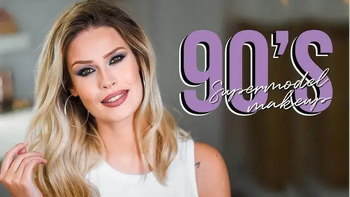 Makijaż lata 90 brązowa szminka cienkie brwi fryzury karbowane włosy