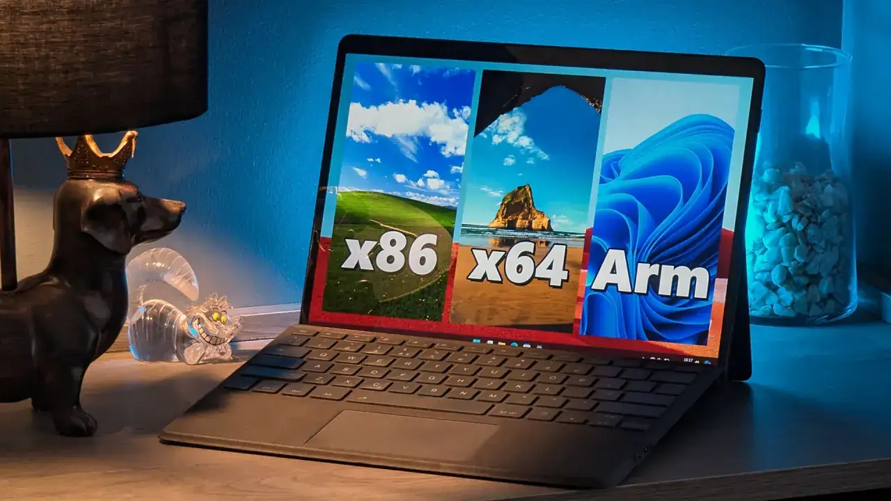 Laptop mit drei Bildschirmen: Windows XP, Windows 10 und Windows 11. Der dritte Bildschirm zeigt 