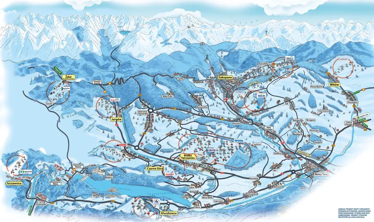 Mapa przedstawia stoki narciarskie Tatry z zaznaczonymi miejscowościami jak Zakopane, Jurgów, Białka Tatrzańska i innymi.
