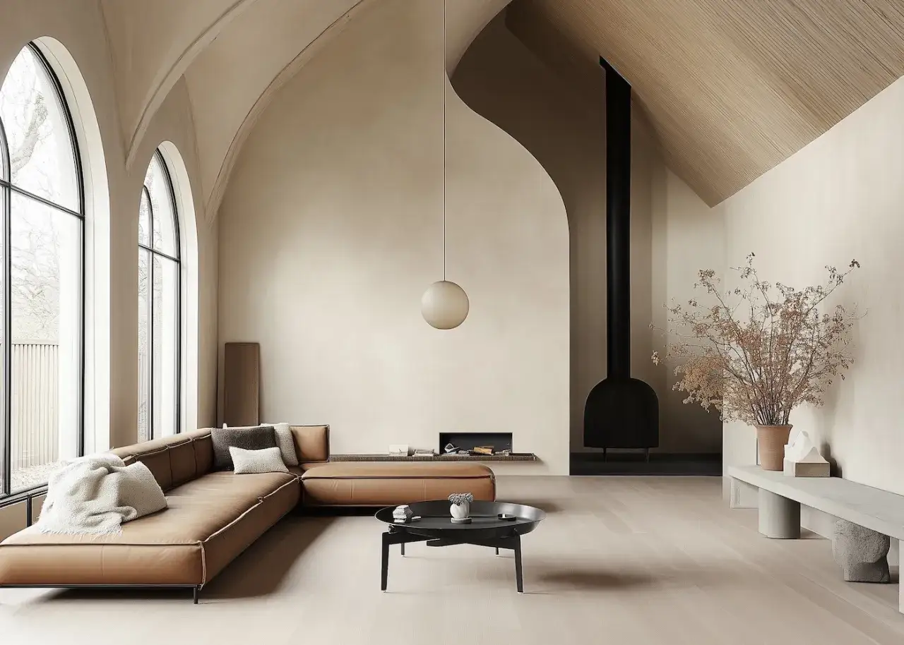 Salon moderne avec un canap&eacute; en cuir marron, une chemin&eacute;e noire et un **plafond cath&eacute;drale moderne**.