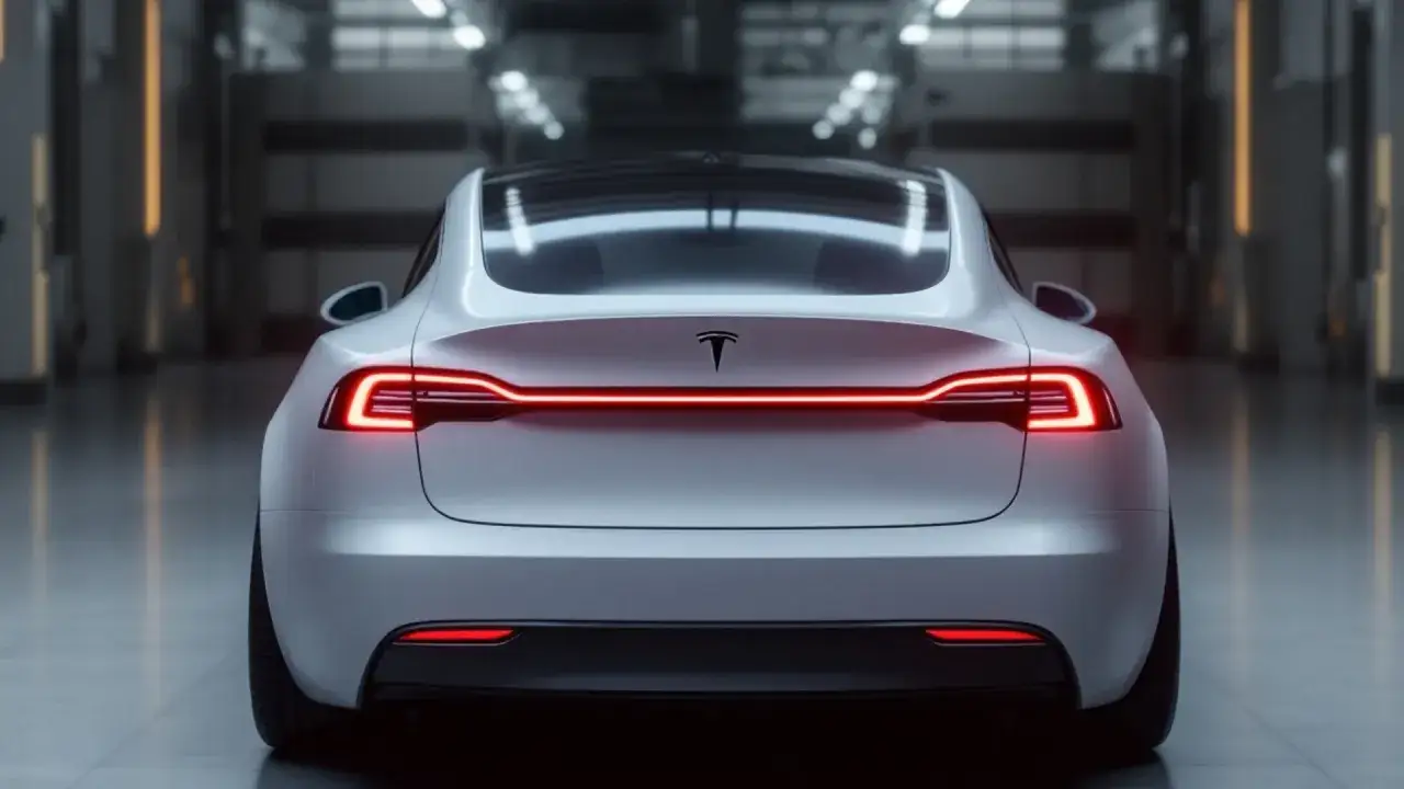 Nowoczesna Tesla z charakterystycznym pasem świateł z tyłu. Zastanawiasz się, ile kosztuje najnowsza Tesla?