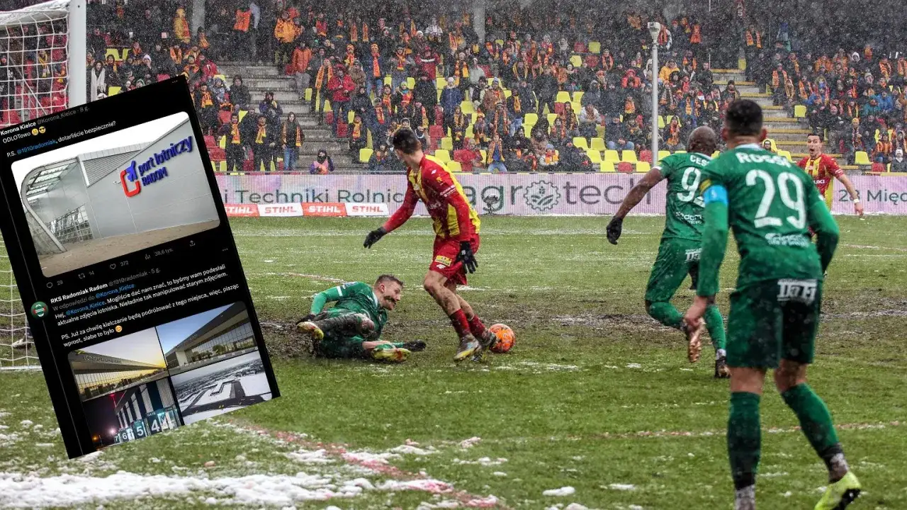 Mecz Radomiak Radom – Korona Kielce w deszczu. Na ekranie tweet z lotniskiem w Radomiu, nawiązujący do rywalizacji w rankingach.