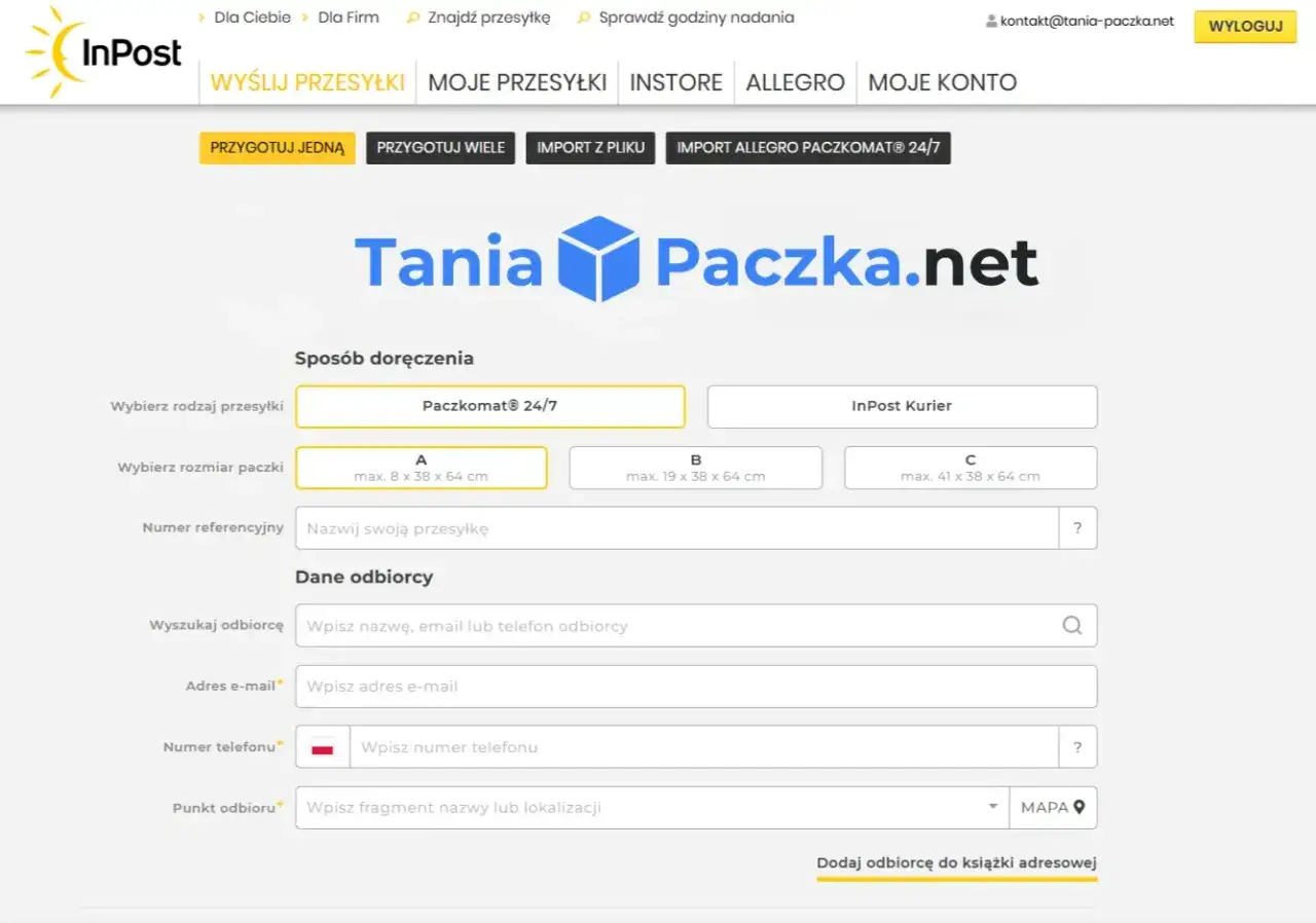 InPost Manager Paczek interfejs zamówienia kuriera
