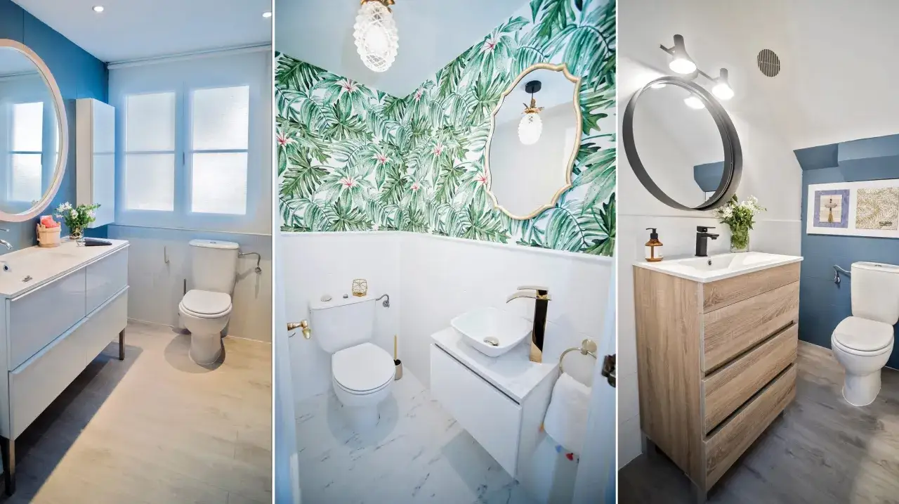 Renovaci&oacute;n de revestimiento paredes ba&ntilde;o sin obras: tres estilos modernos con papel pintado tropical, azul y madera.