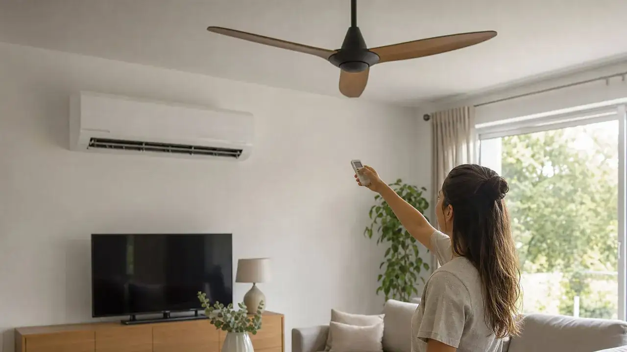 Mujer controla ventilador de techo y aire acondicionado. Averigua cuanto gasta un ventilador de techo para ahorrar energ&iacute;a.