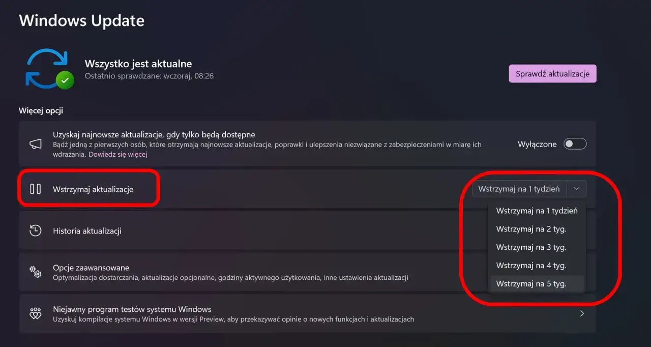 Ustawienia Windows Update pozwalają wstrzymać aktualizacje na okres od 1 do 5 tygodni, zapewniając kontrolę nad procesem.