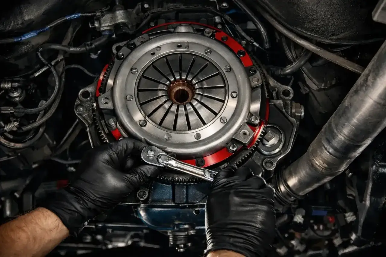 Mechanik w czarnych rękawiczkach dokręca śruby sprzęgła. Po wymianie sprzęgła słychać łożysko oporowe.