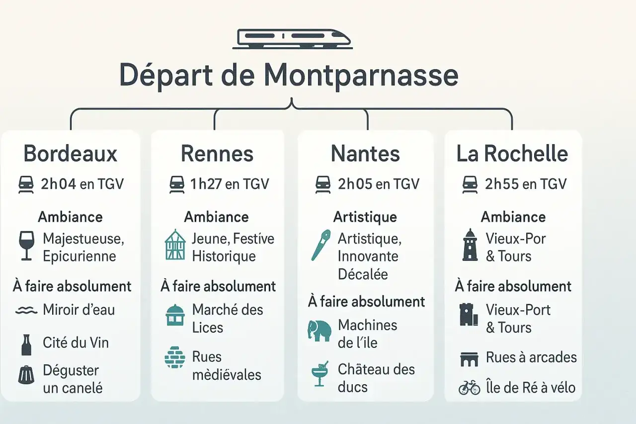 Départ de Montparnasse : destinations en TGV vers Bordeaux, Rennes, Nantes et La Rochelle. Idéal pour un voyage depuis Paris.