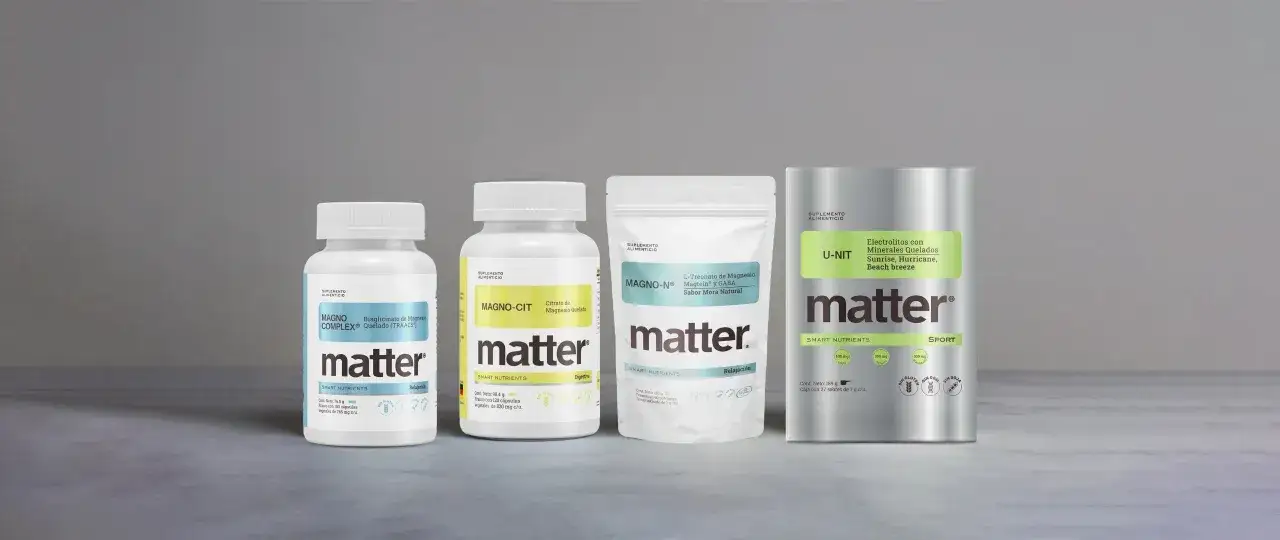 Varios suplementos de magnesio de la marca Matter. Preg&uacute;ntate cu&aacute;nto tiempo se puede tomar magnesio para mejorar tu bienestar.