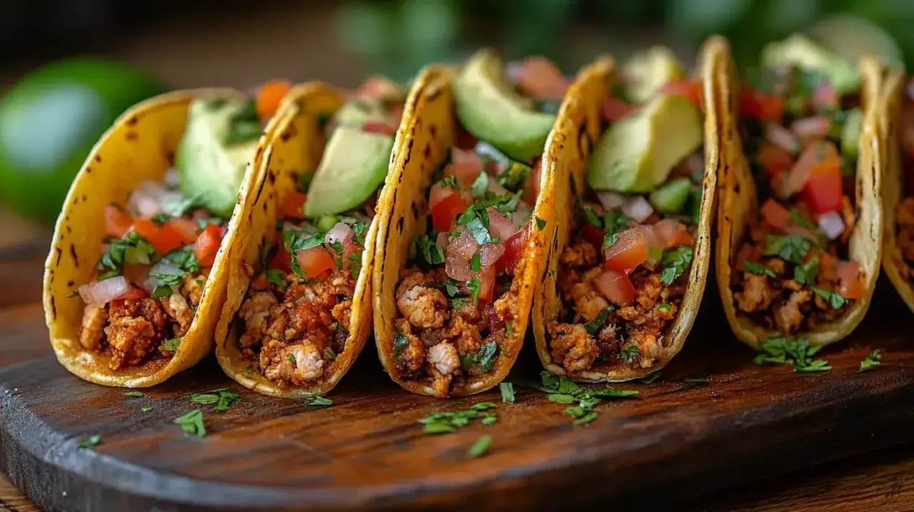 Rząd pysznych tacos z mięsem mielonym, awokado i pomidorami, ułożonych na drewnianej desce.